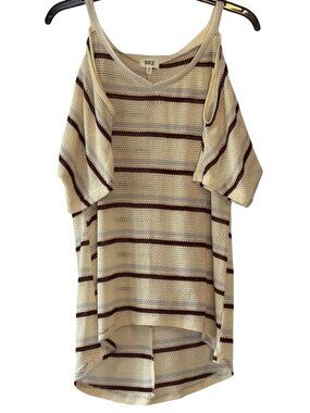 BKE Cold Shoulder Striped Knit Blouse High Low Hem Beige Burgundy Size M